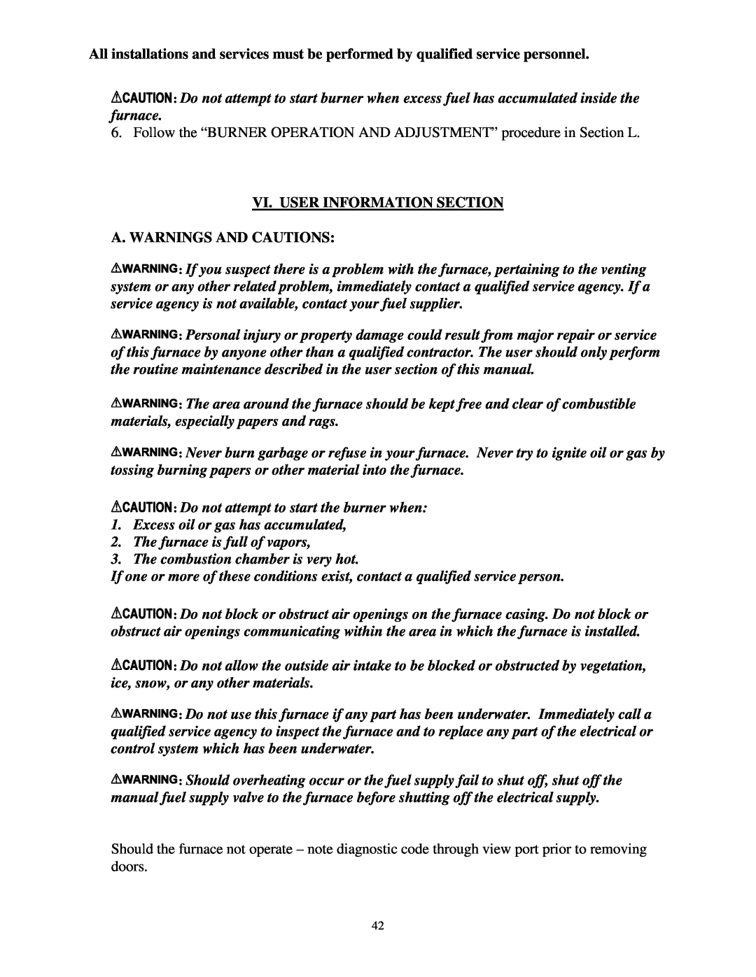 Thermo Products ome-72d36 service manual Vi. User Information Section, A. Warnings And Cautions 