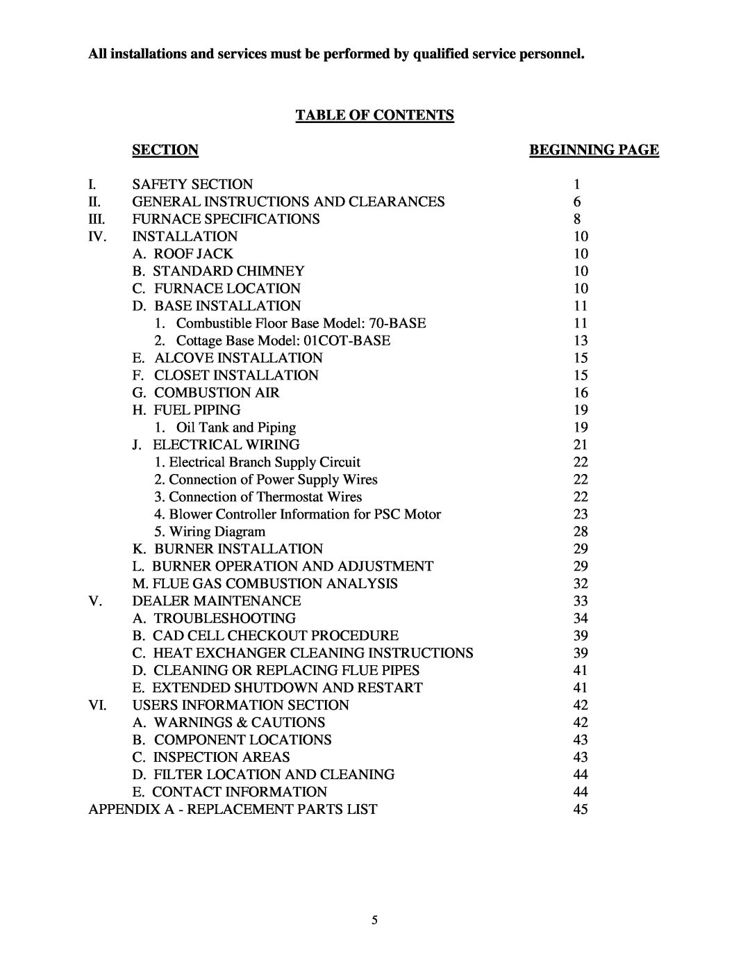 Thermo Products ome-72d36 service manual Table Of Contents, Section, Beginning Page 