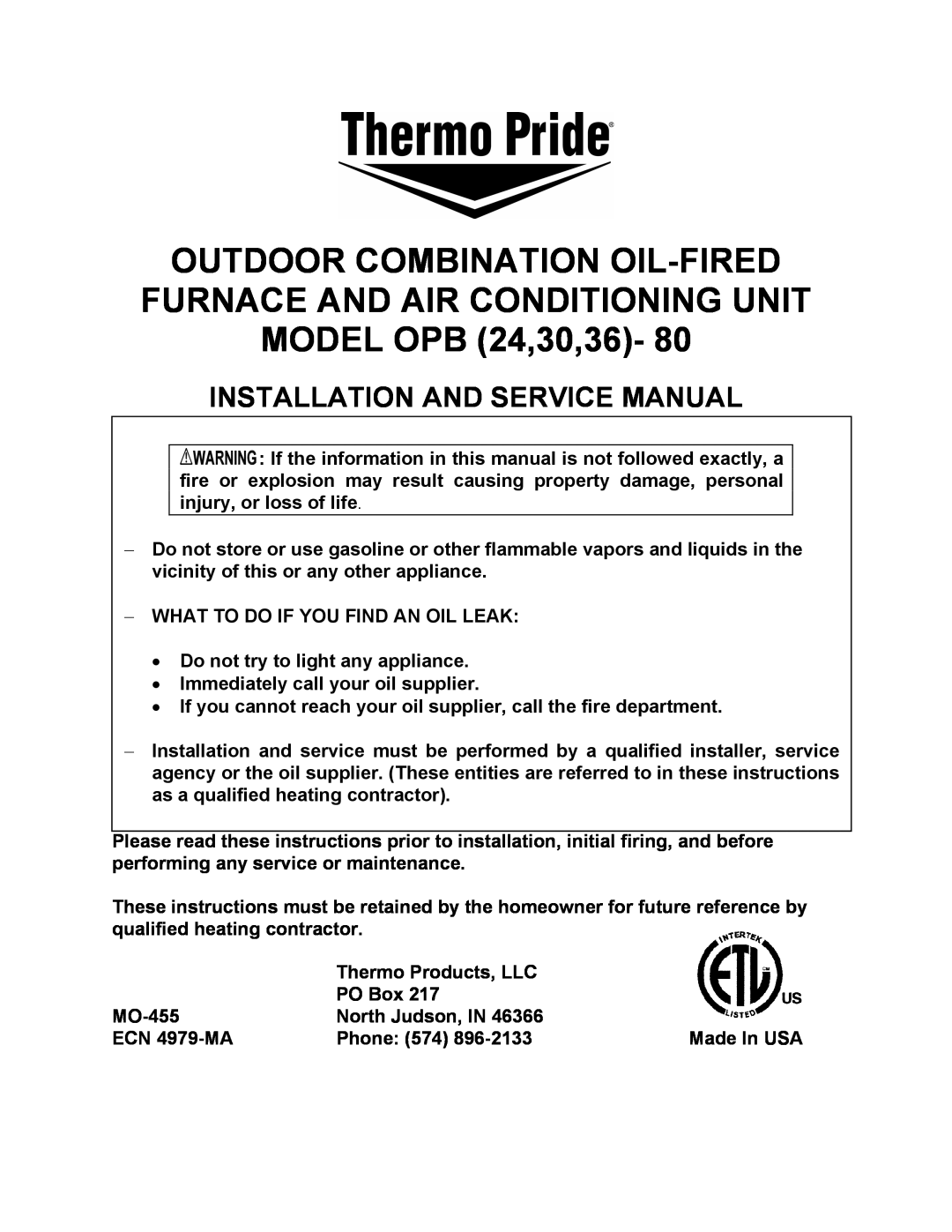 Thermo Products 36)- 80, OPB (24, 30 service manual 