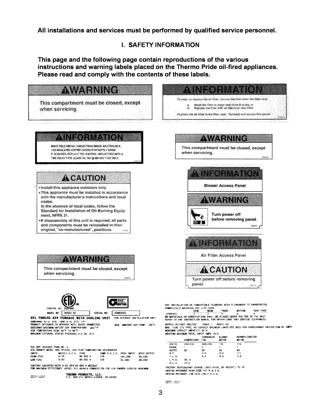 Thermo Products 36)- 80, OPB (24, 30 service manual I. Safety Information 