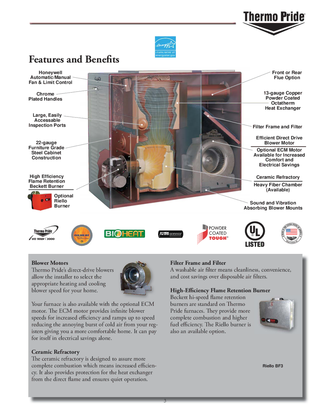 Thermo Products OL5-OL39, OT11-OT16 manual Features and Benefits, Blower Motors 