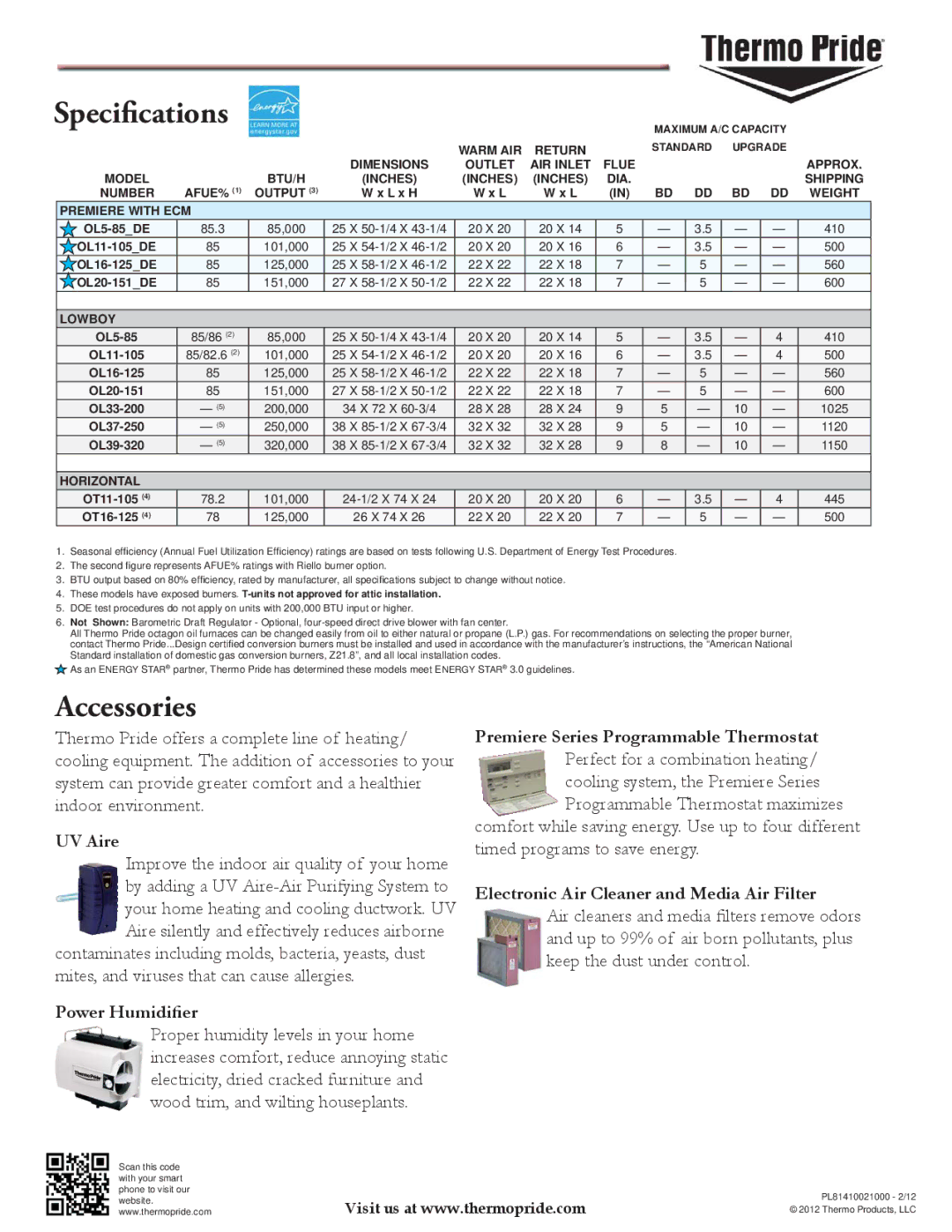 Thermo Products OT11-OT16, OL5-OL39 manual Specifications, Accessories 