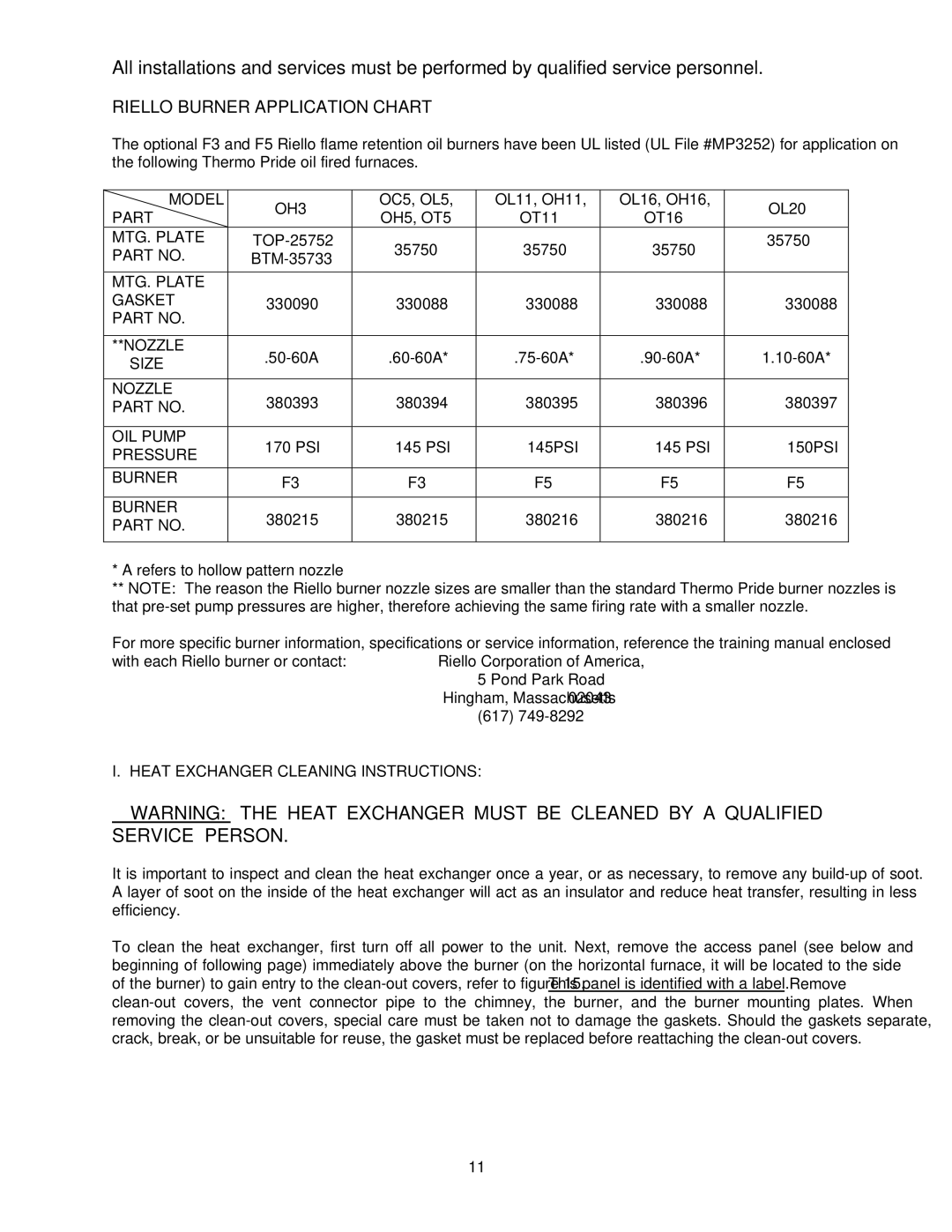 Thermo Products OL11-105, OT5-85, OH2-56, OH16-125 Riello Burner Application Chart, Heat Exchanger Cleaning Instructions 