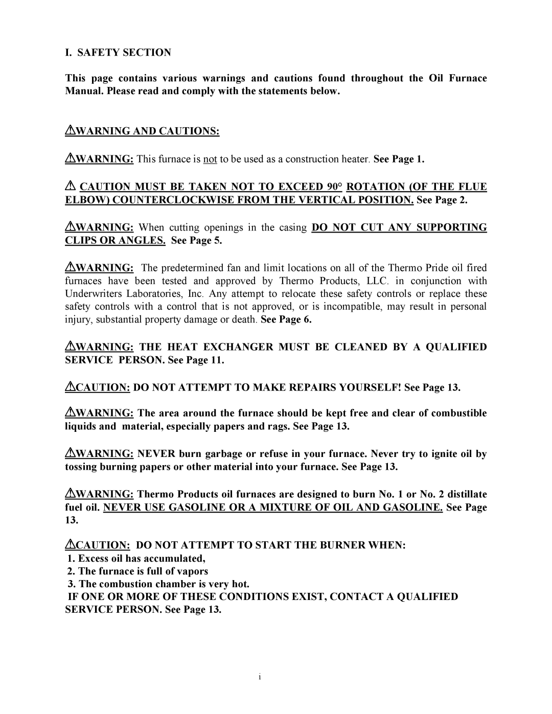 Thermo Products OH16-125, OT5-85 Safety Section, ?WARNING and Cautions, ?CAUTION do not Attempt to Start the Burner When 