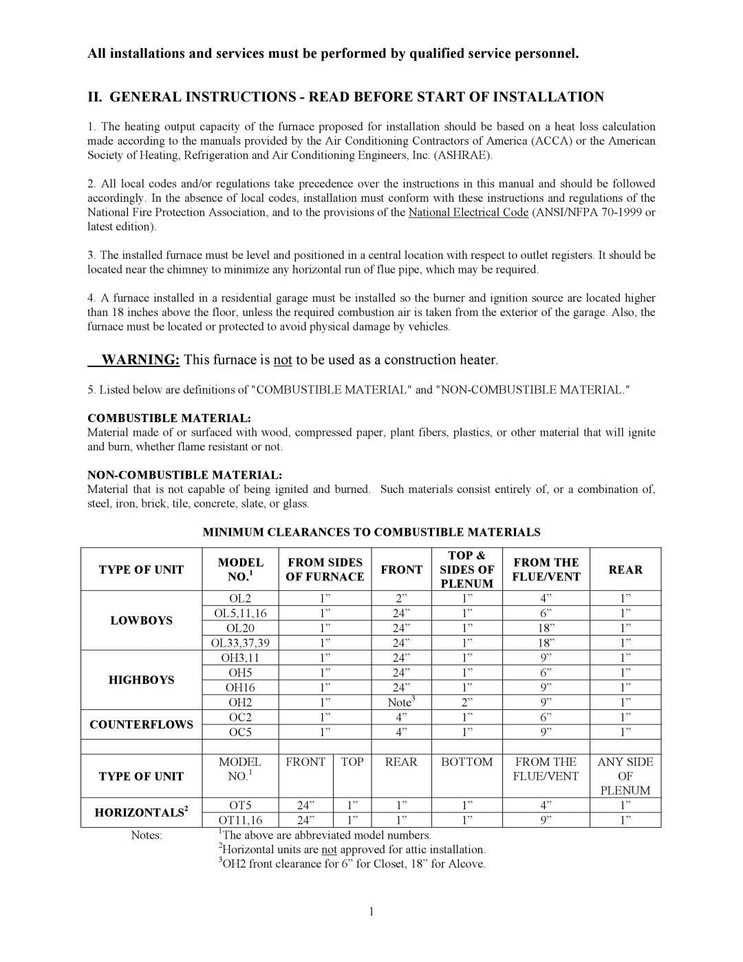 Thermo Products OL5-85, OT5-85, OH2-56, OH16-125, OL16-125, OH3-72 II. General Instructions Read Before Start of Installation 