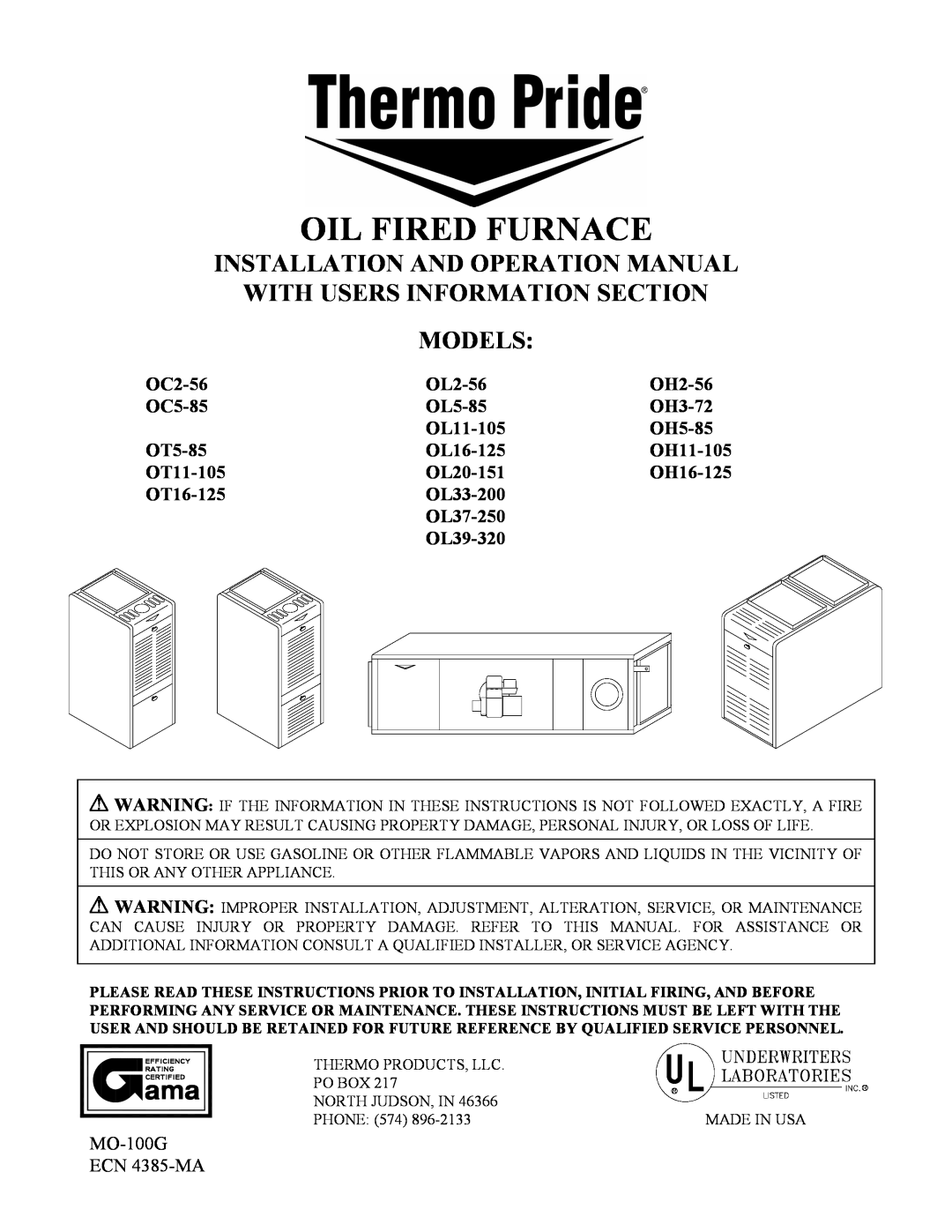 Thermo Products OH2-56, OT5-85, OH16-125, OL16-125 operation manual Oil Fired Furnace, With Users Information Section Models 