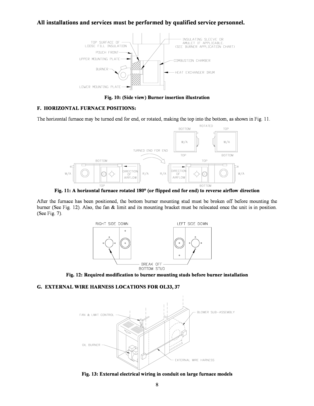 Thermo Products OL39-320, OT5-85, OH2-56, OH16-125, OL16-125, OT16-125, OL5-85, OL37-250 Side view Burner insertion illustration 