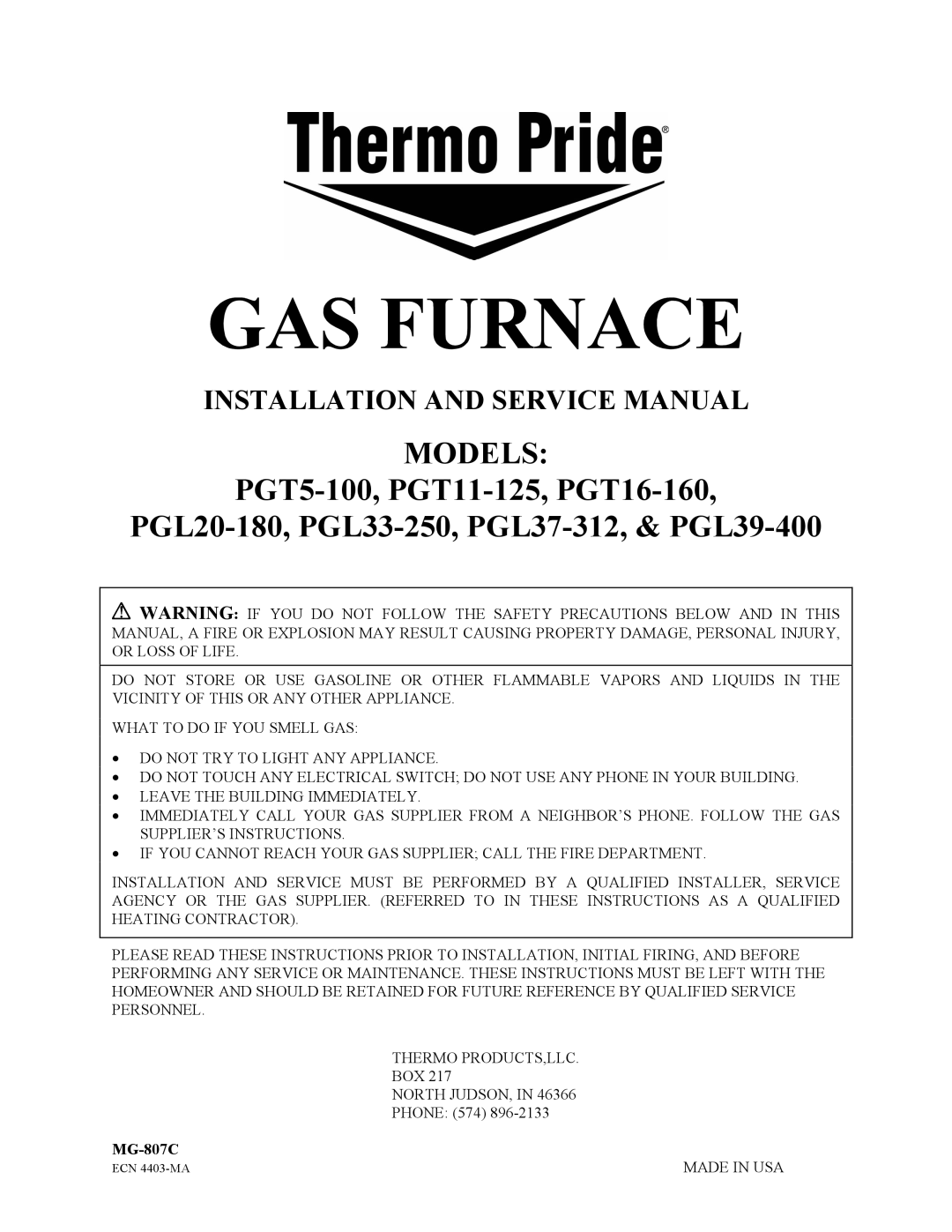 Thermo Products PGT5-100, PGT16-160, PGL20-180, PGT11-125, PGL37-312, PGL39-400, PGL33-250 service manual Models 