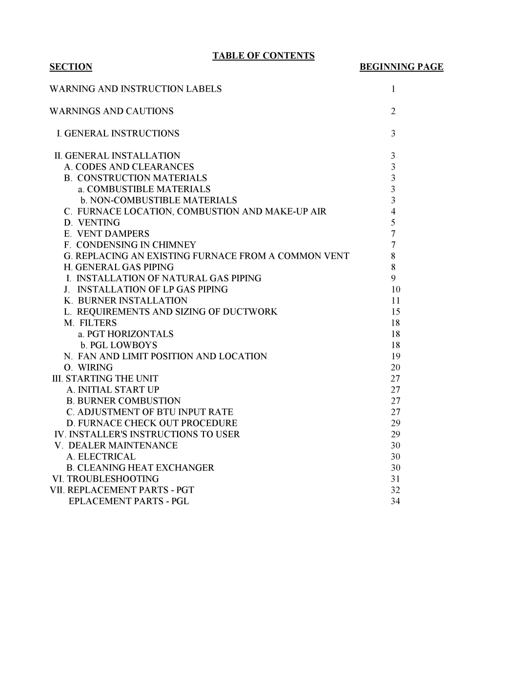 Thermo Products PGL20-180, PGT16-160, PGT5-100, PGT11-125, PGL37-312, PGL39-400, PGL33-250 Table of Contents Section 