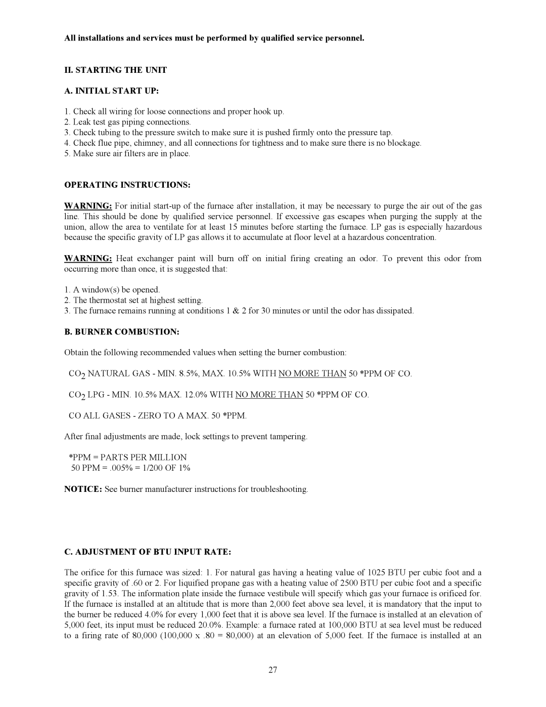 Thermo Products PGT5-100, PGT16-160 II. Starting the Unit A. Initial Start UP, Operating Instructions, Burner Combustion 