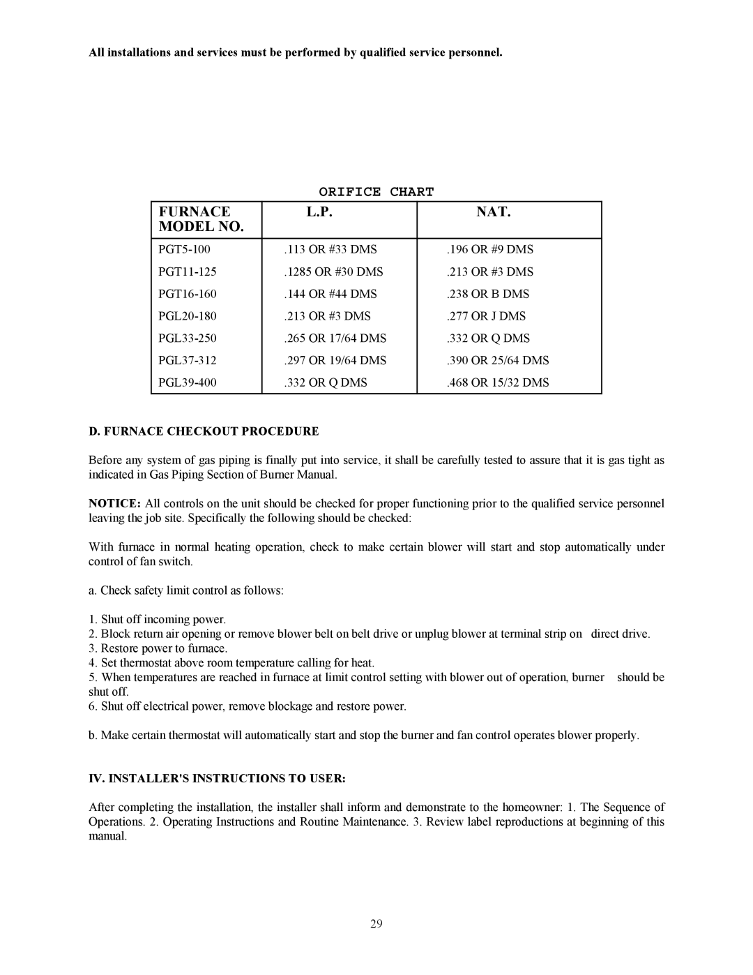 Thermo Products PGT11-125, PGT16-160, PGT5-100, PGL20-180 Furnace Checkout Procedure, IV. Installers Instructions to User 