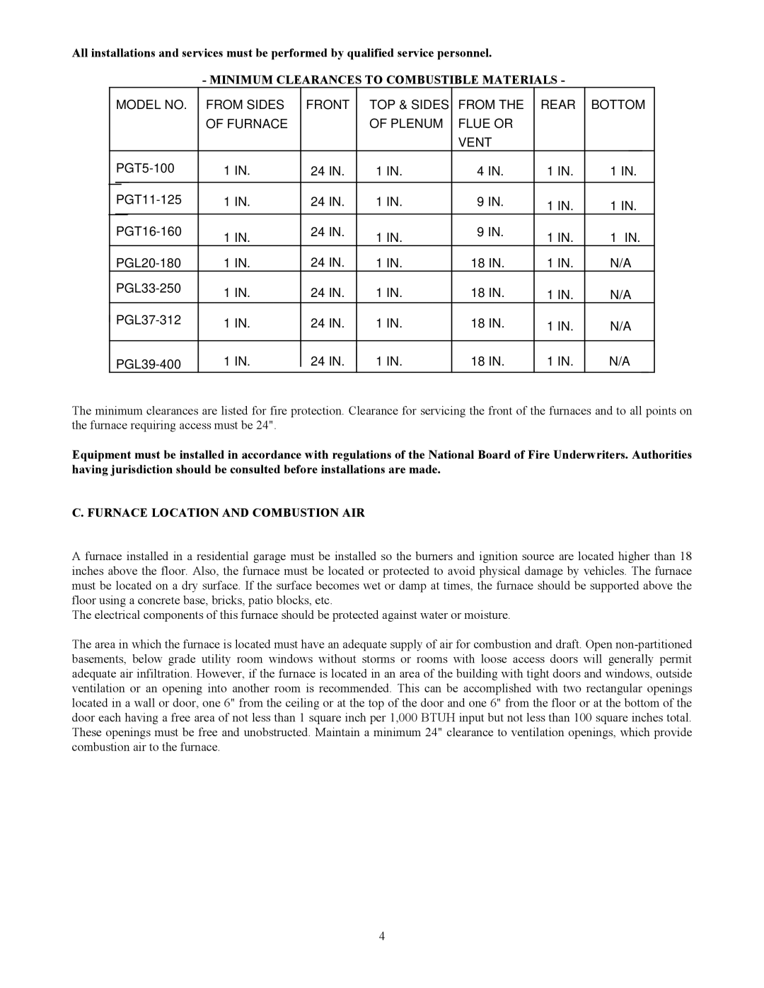 Thermo Products PGL33-250, PGT16-160 Minimum Clearances to Combustible Materials, Furnace Location and Combustion AIR 