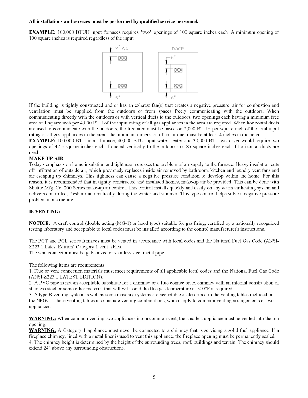 Thermo Products PGT16-160, PGT5-100, PGL20-180, PGT11-125, PGL37-312, PGL39-400, PGL33-250 service manual Make-Up Air, Venting 