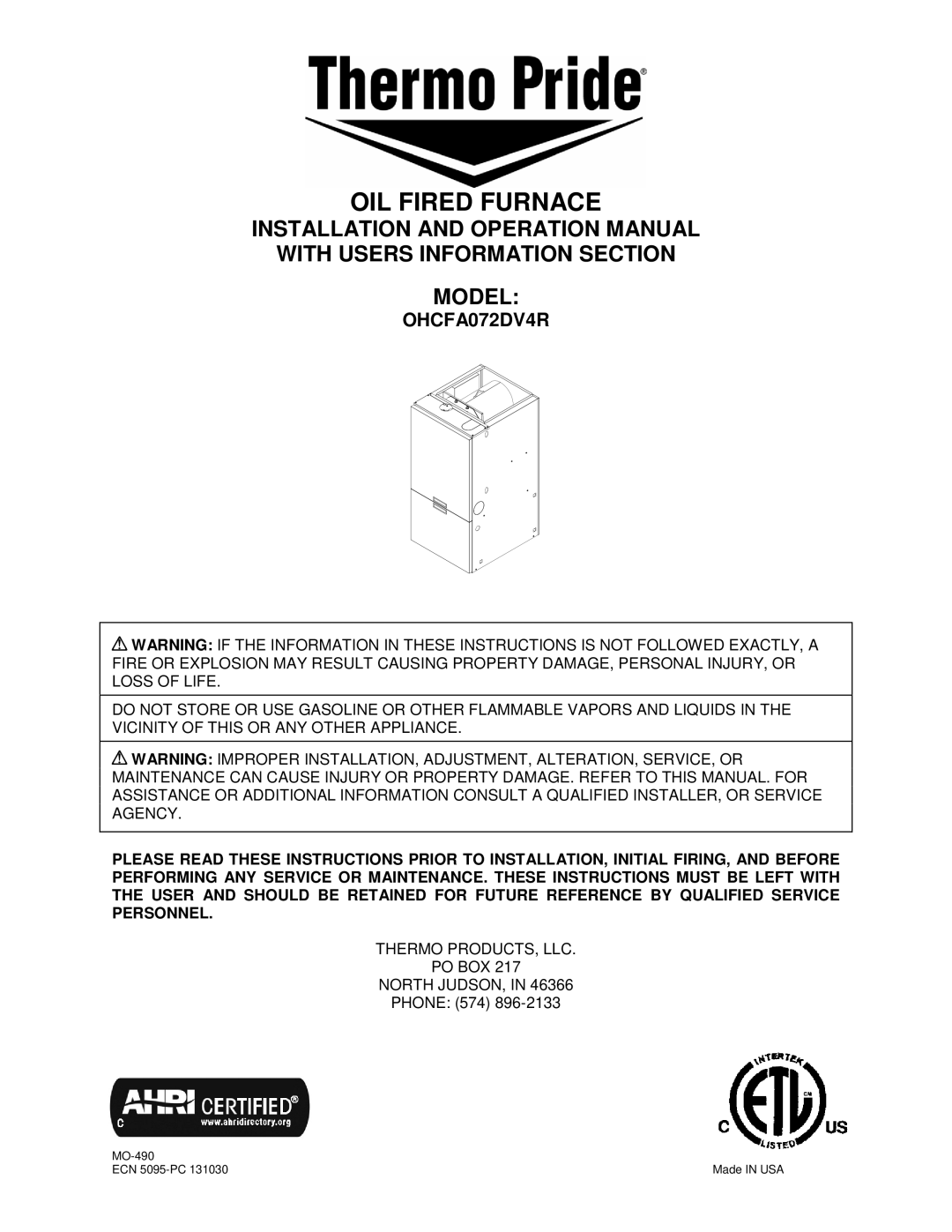 Thermo Products PHCFA072DV4R operation manual OIL Fired Furnace, OHCFA072DV4R 