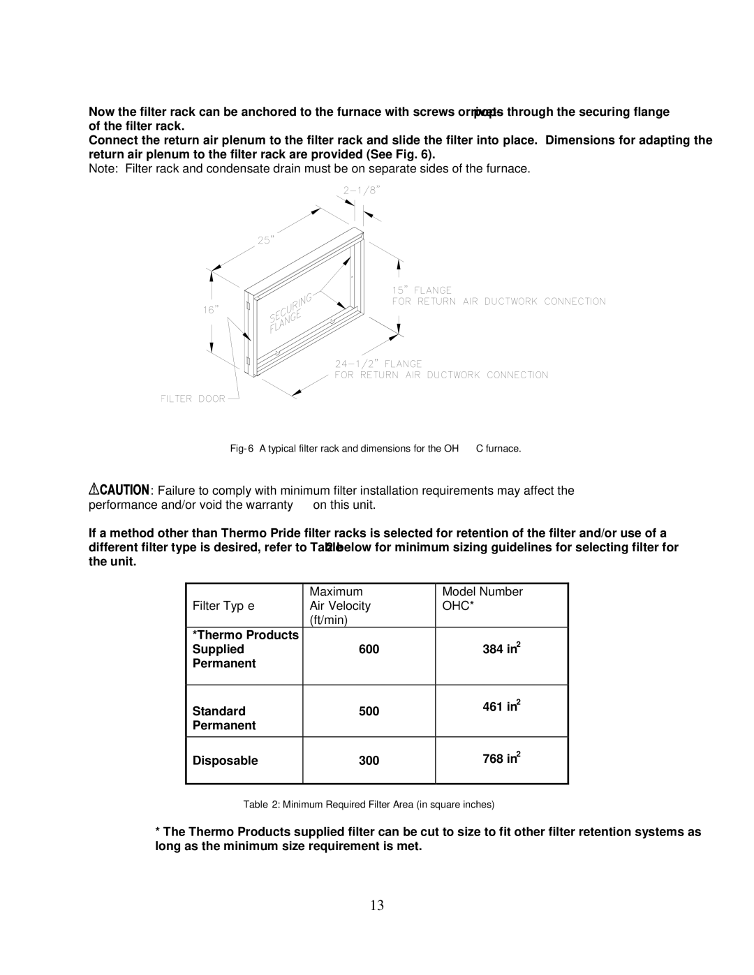 Thermo Products PHCFA072DV4R operation manual Maximum Model Number Filter Type Air Velocity, Ohc, Ft/min 