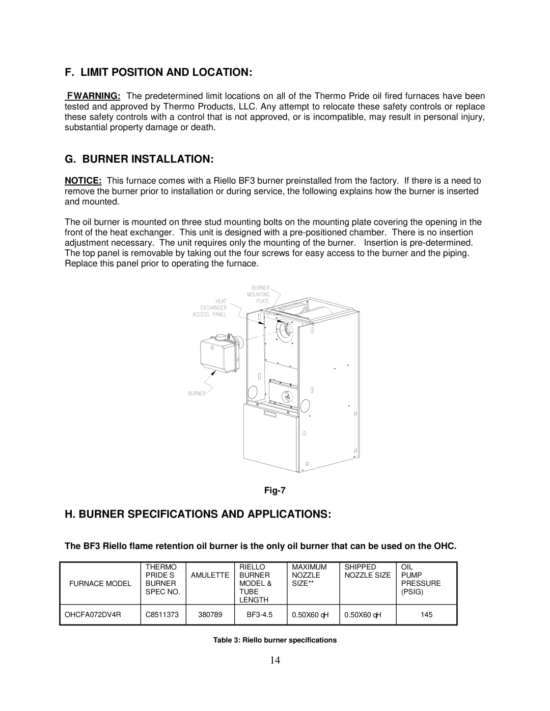 Thermo Products PHCFA072DV4R Limit Position and Location, Burner Installation, Burner Specifications and Applications 