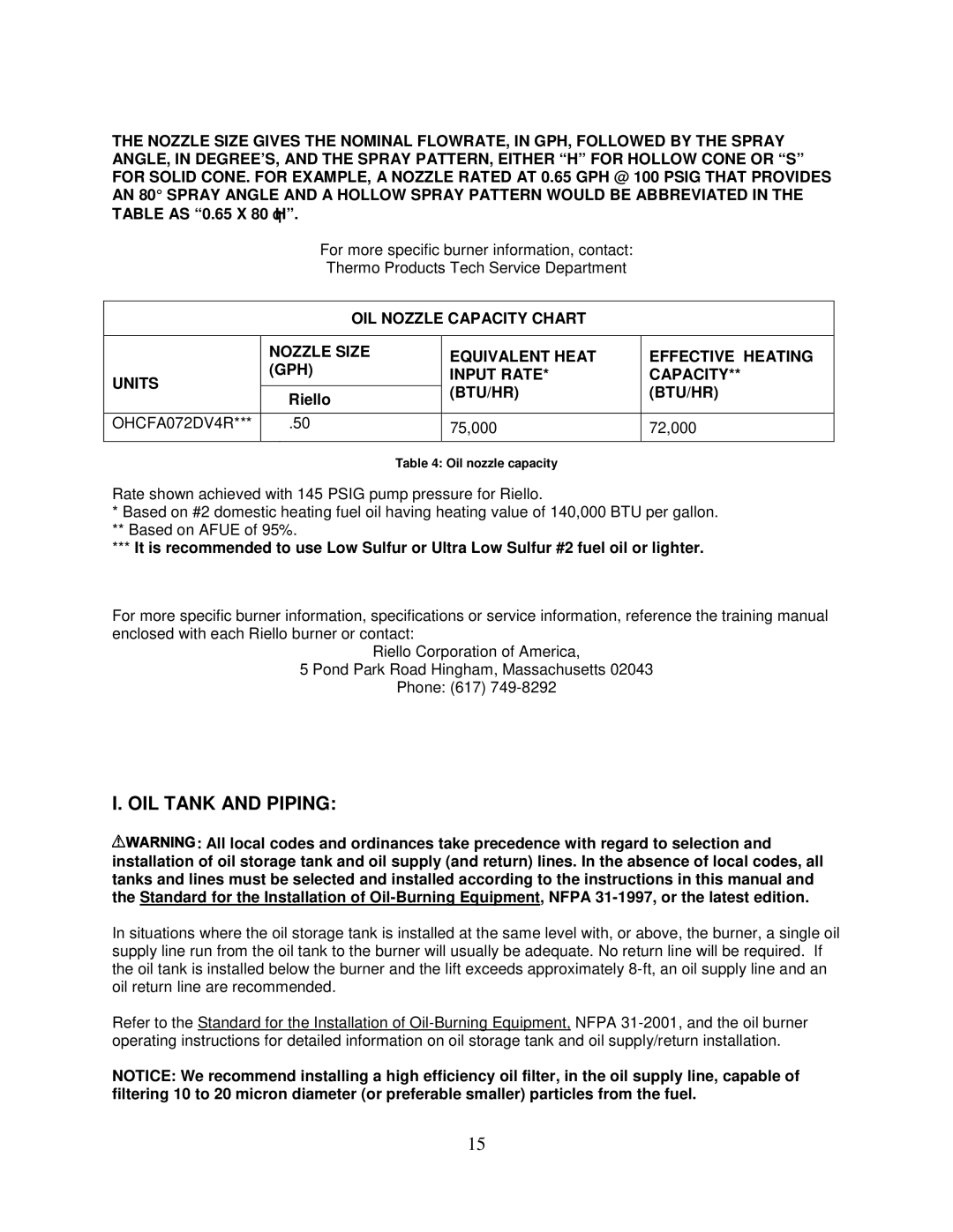 Thermo Products PHCFA072DV4R operation manual OIL Tank and Piping, Riello, BTU/HR OHCFA072DV4R, 75,000 72,000 