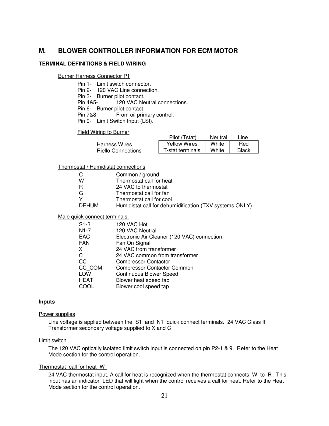 Thermo Products PHCFA072DV4R Blower Controller Information for ECM Motor, Terminal Definitions & Field Wiring, Inputs 