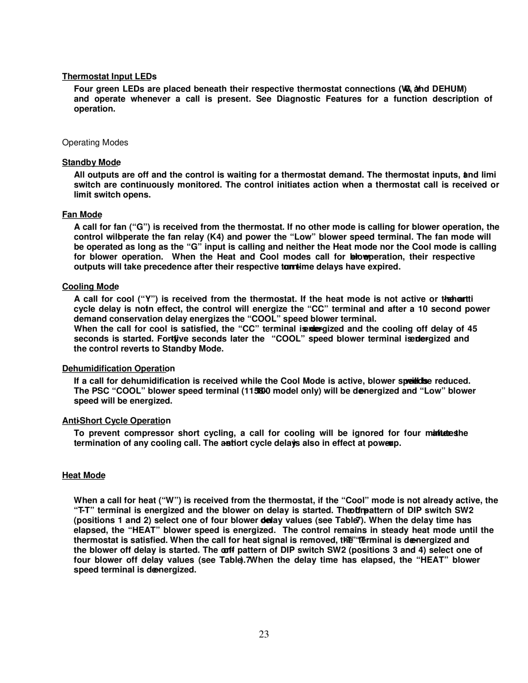 Thermo Products PHCFA072DV4R operation manual Operating Modes 