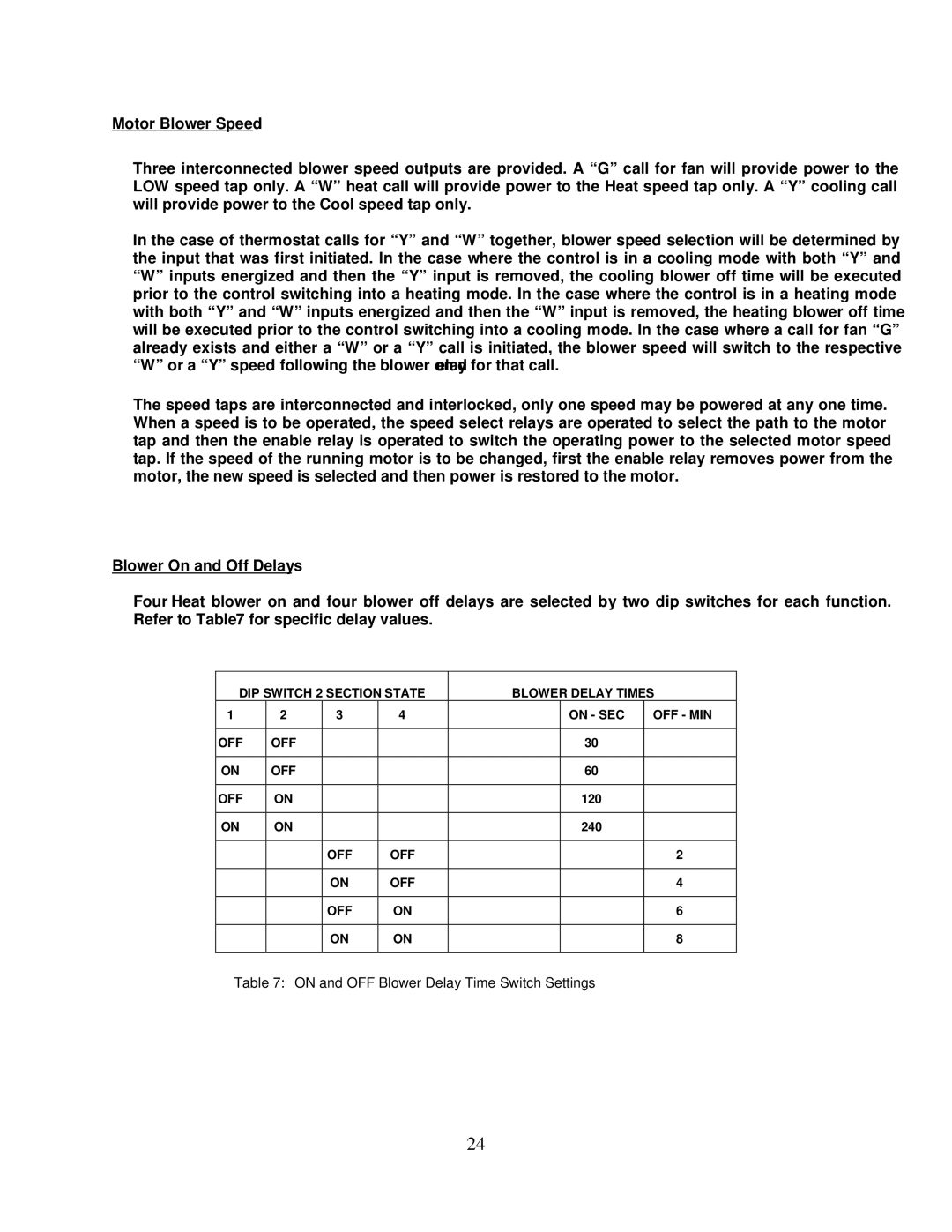 Thermo Products PHCFA072DV4R operation manual On and OFF Blower Delay Time Switch Settings 