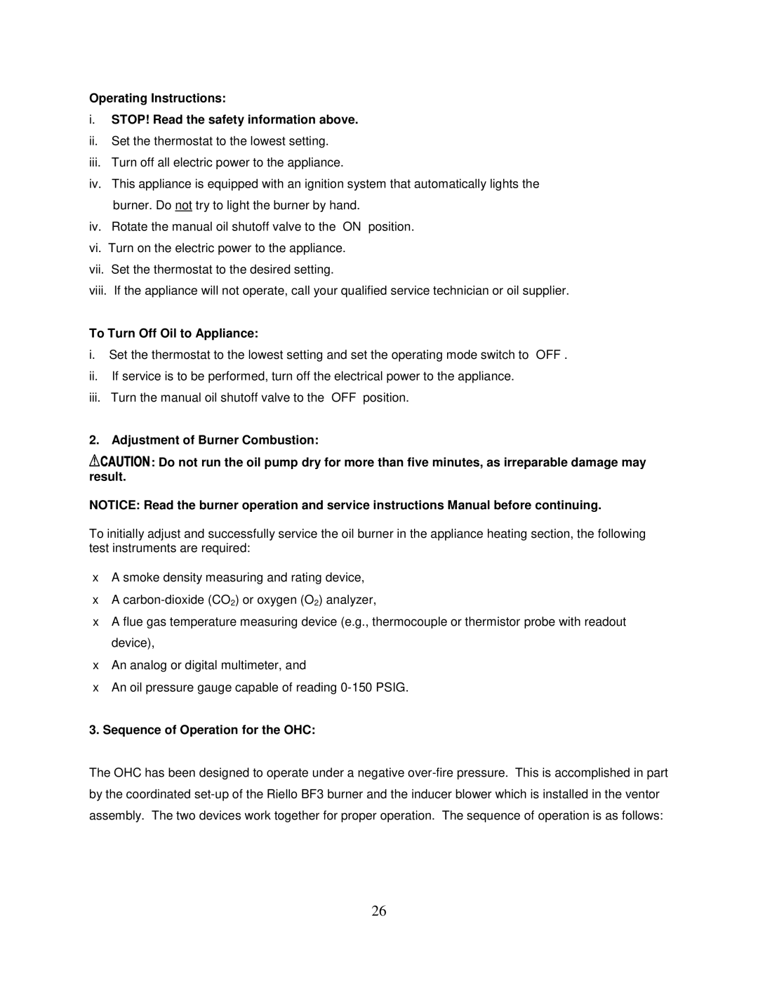 Thermo Products PHCFA072DV4R operation manual To Turn Off Oil to Appliance, Sequence of Operation for the OHC 