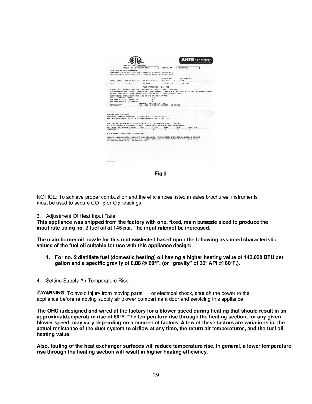 Thermo Products PHCFA072DV4R operation manual Adjustment Of Heat Input Rate, Setting Supply Air Temperature Rise 