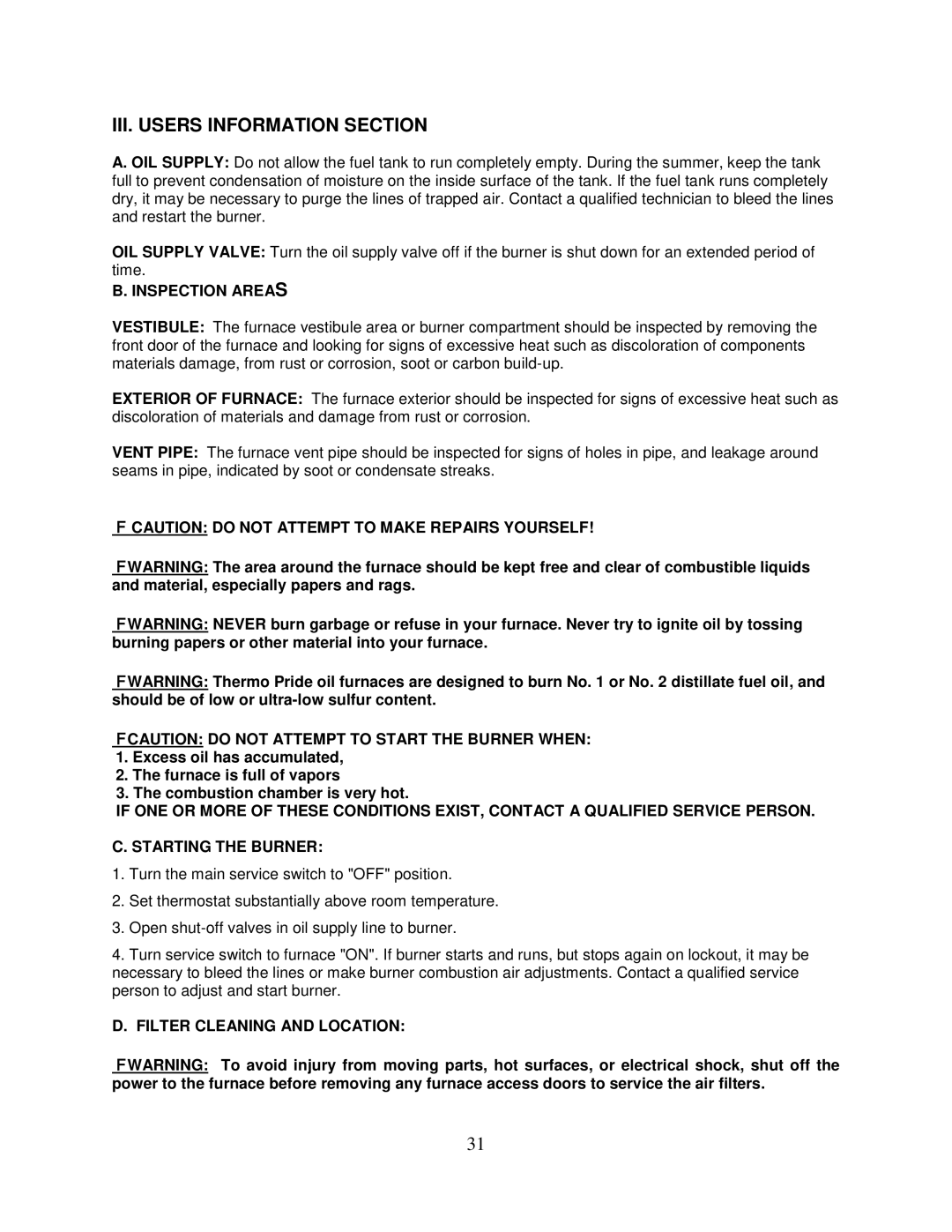 Thermo Products PHCFA072DV4R III. Users Information Section, Inspection Areas, Filter Cleaning and Location 