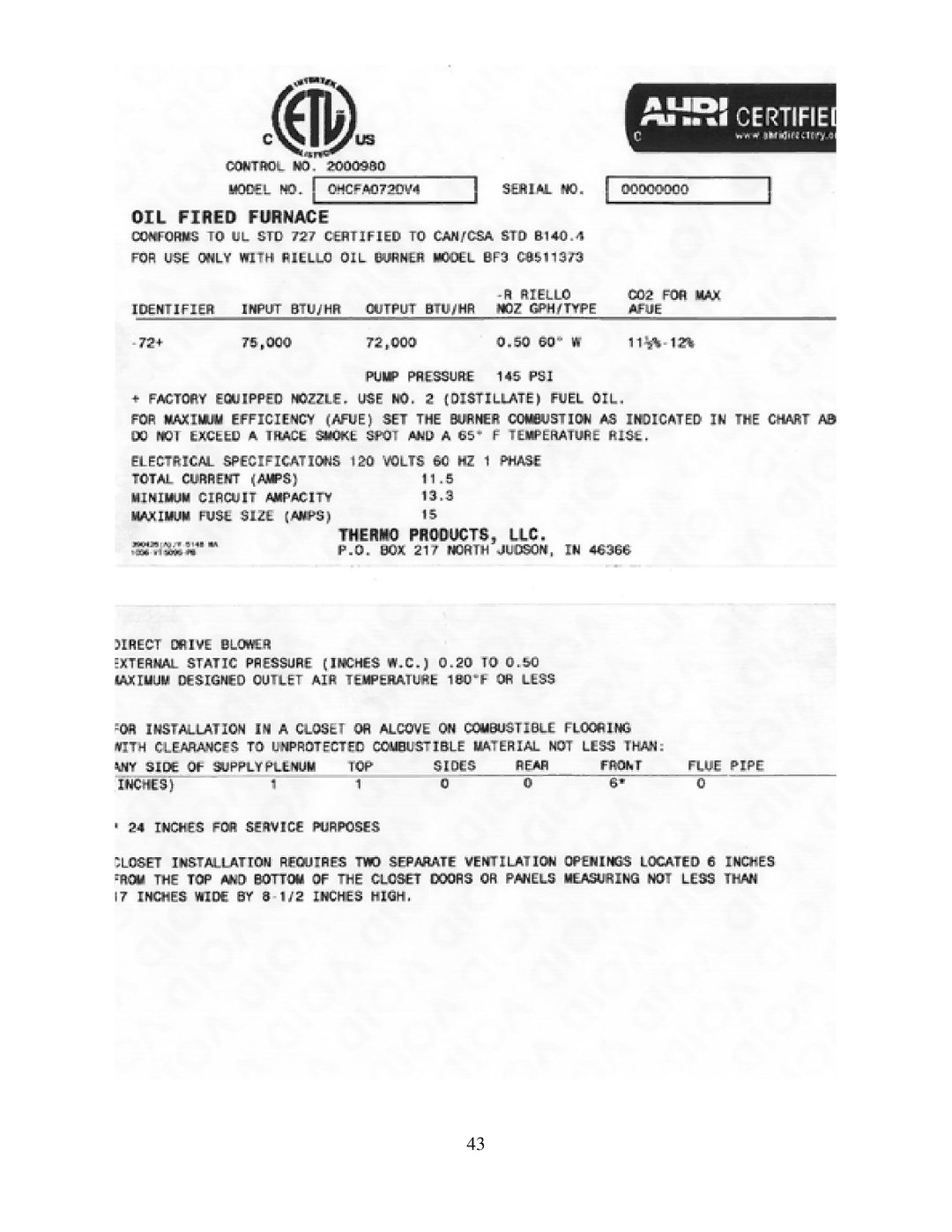 Thermo Products PHCFA072DV4R operation manual 