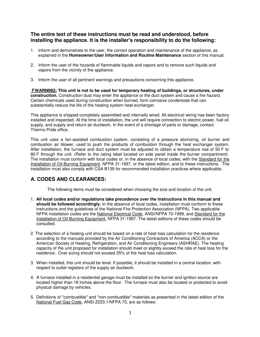 Thermo Products PHCFA072DV4R operation manual Codes and Clearances 