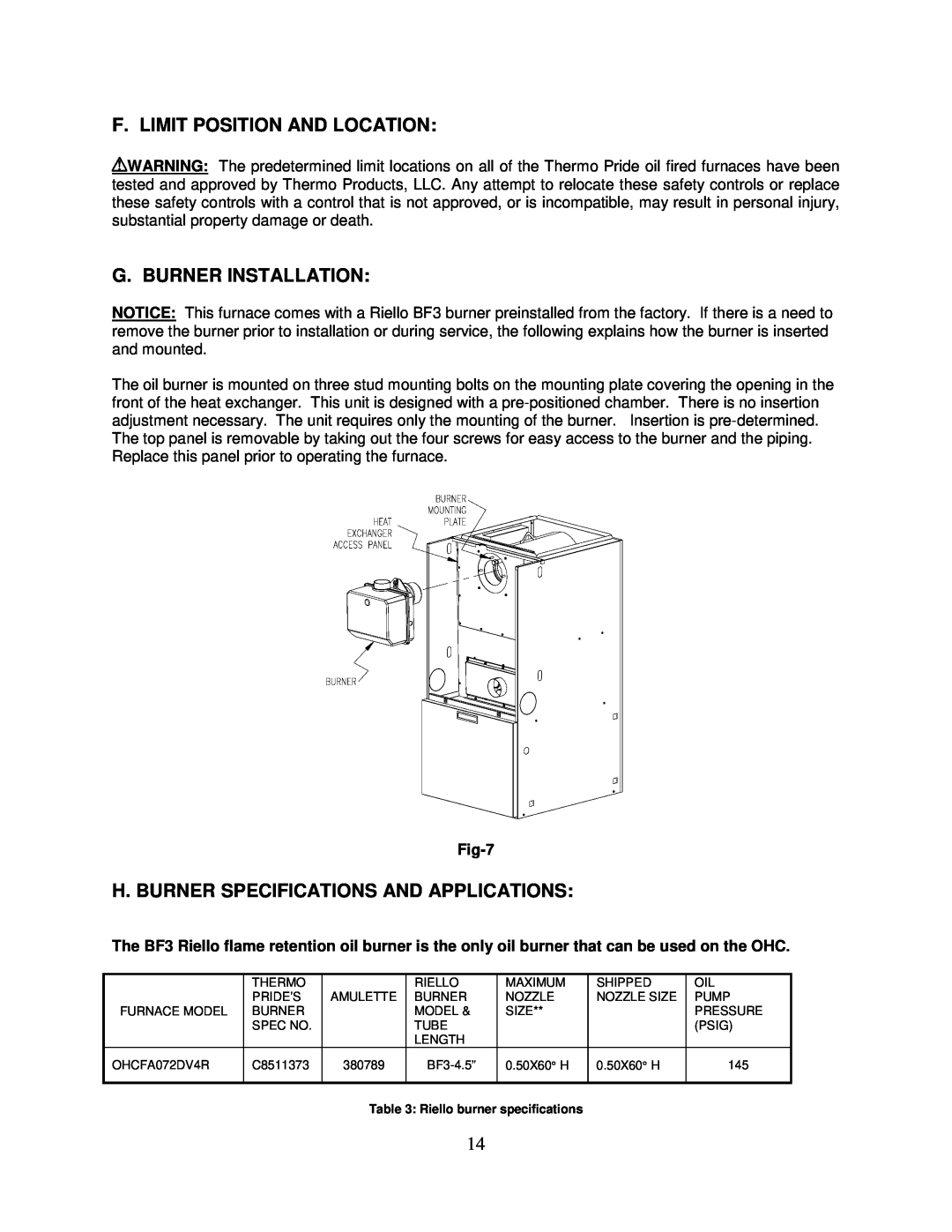 Thermo Products PHCFA072DV4R operation manual F. Limit Position And Location, G. Burner Installation, Fig-7 