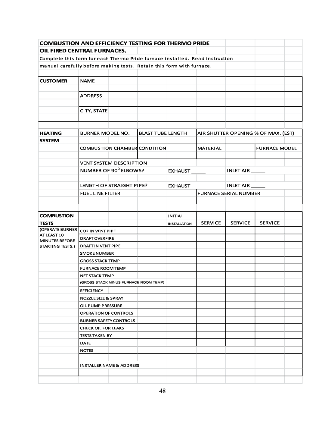 Thermo Products PHCFA072DV4R operation manual Oil Fired Central Furnaces, Customer, Heating System, Combustion, Tests 