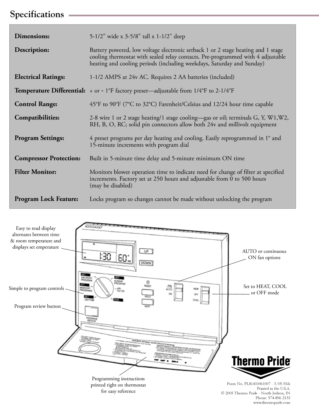 Thermo Products Premiere Series manual Dimensions, Description, Electrical Ratings, Control Range, Compatibilities 