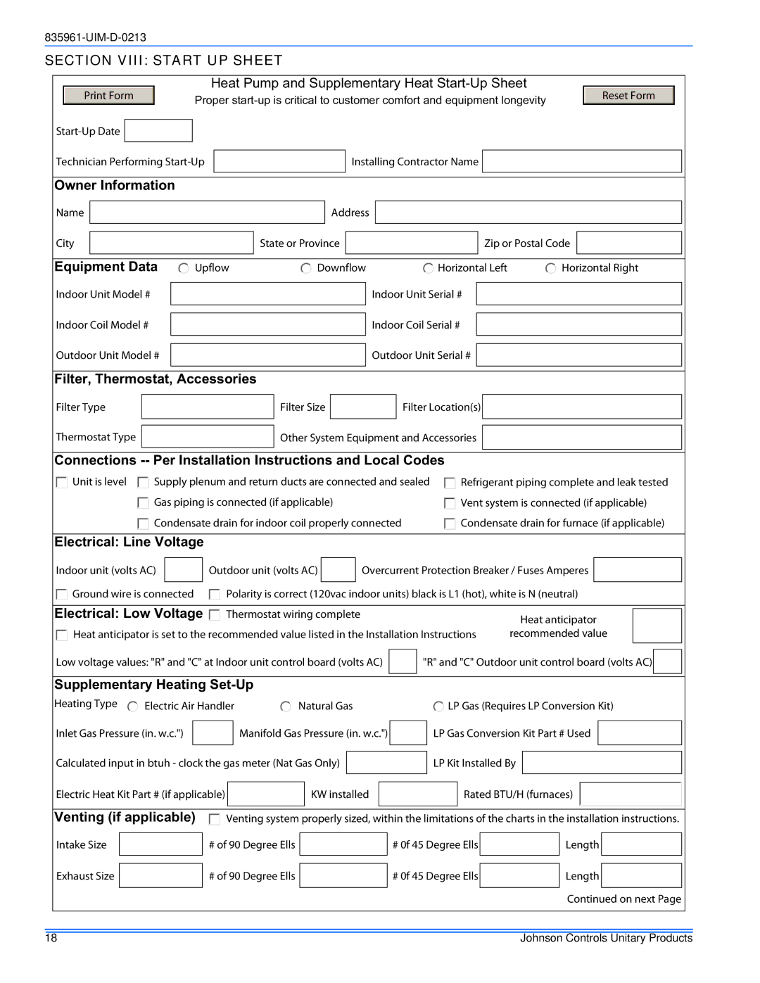 Thermo Products R-410A installation manual Section Viii Start UP Sheet, Heat Pump and Supplementary Heat Start-Up Sheet 