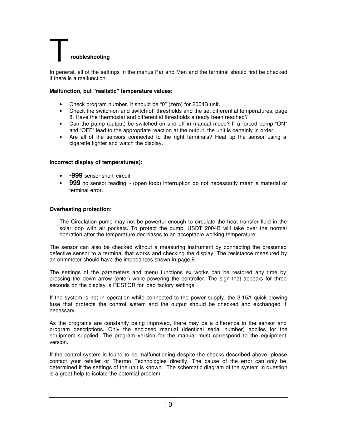 Thermo Products USDT 2004B manual Malfunction, but realistic temperature values, Incorrect display of temperatures 