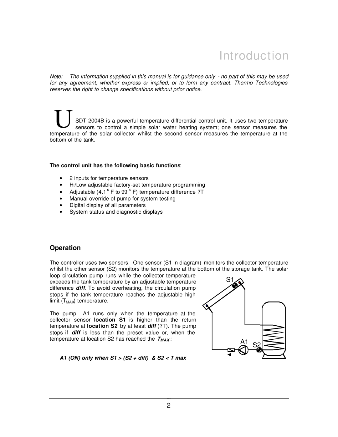 Thermo Products USDT 2004B manual Introduction, Control unit has the following basic functions 