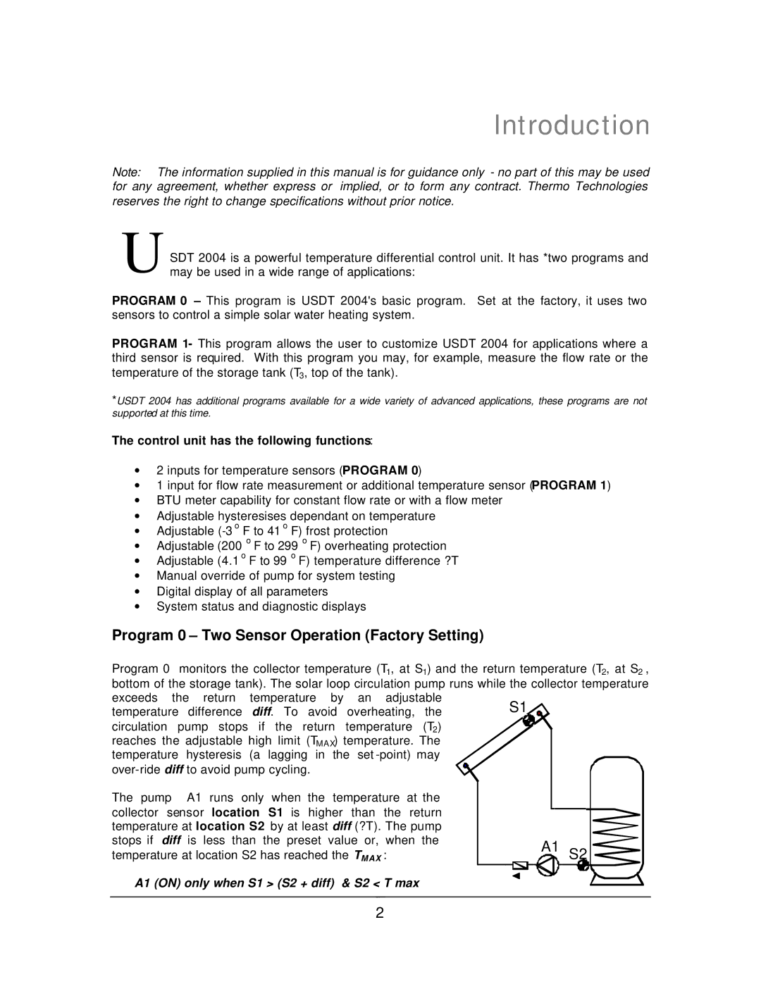 Thermo Products USDT2004 manual Introduction, Control unit has the following functions 