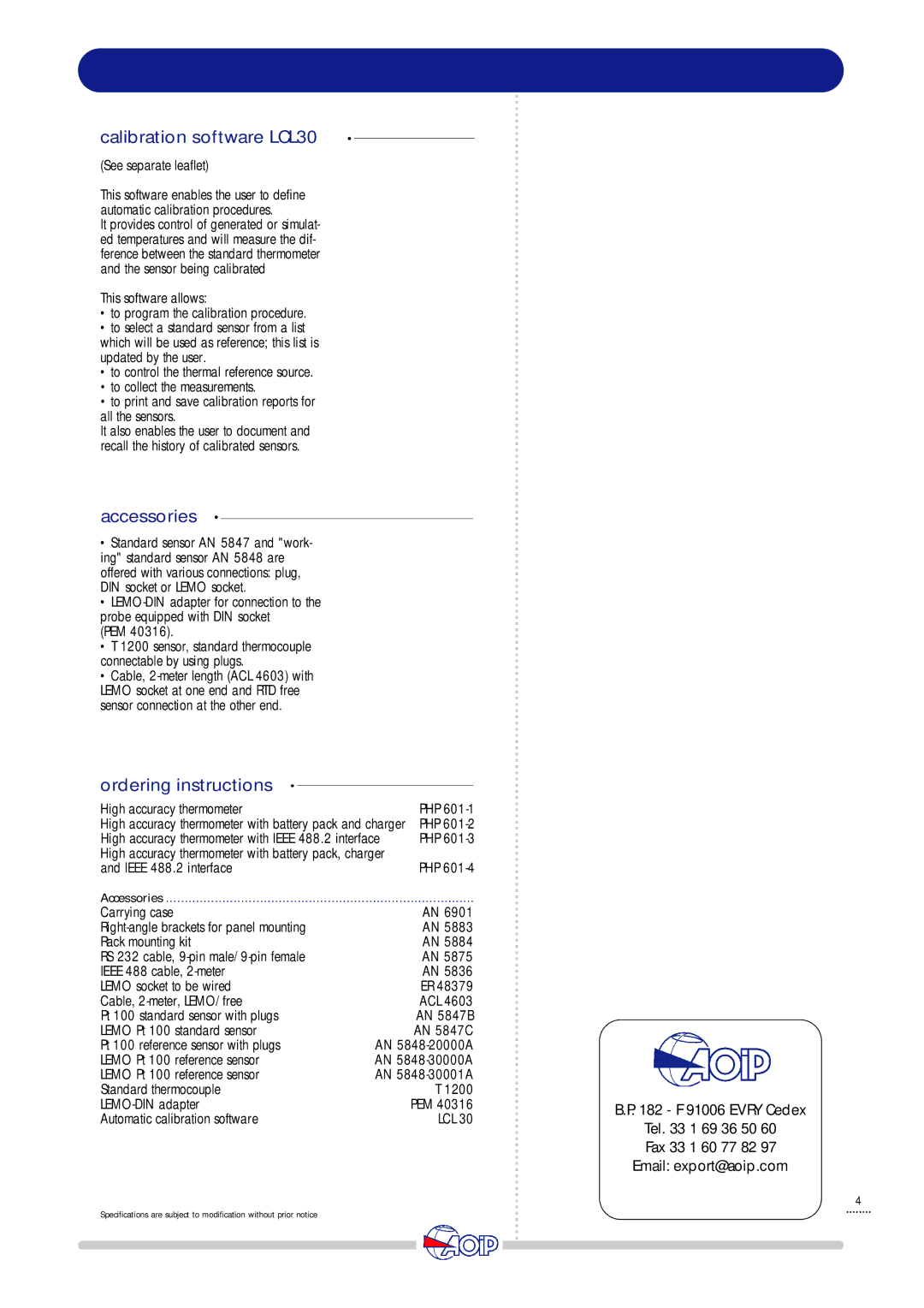 Thermo-Serv PHP601 manual Calibration software LCL30, Accessories, Ordering instructions 