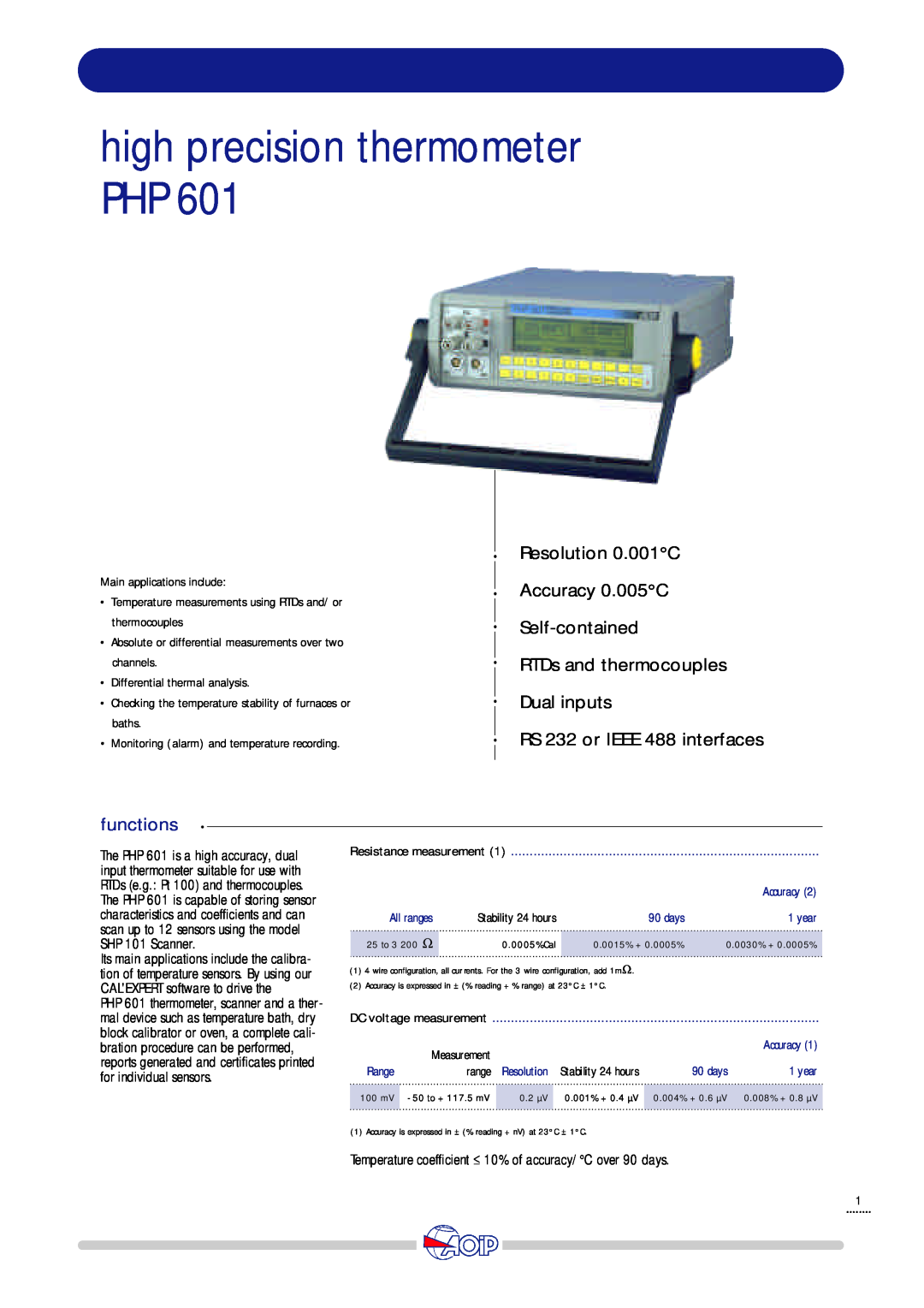 Thermo-Serv PHP601 manual functions, high precision thermometer PHP, Main applications include 