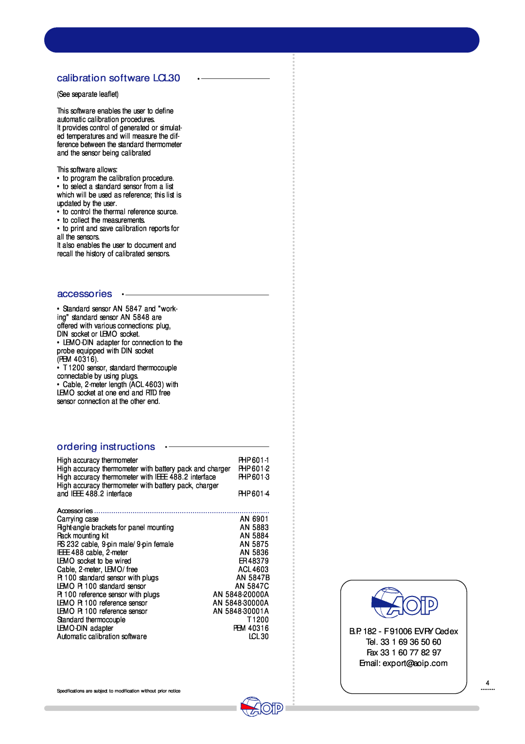 Thermo-Serv PHP601 manual calibration software LCL30, accessories, ordering instructions 