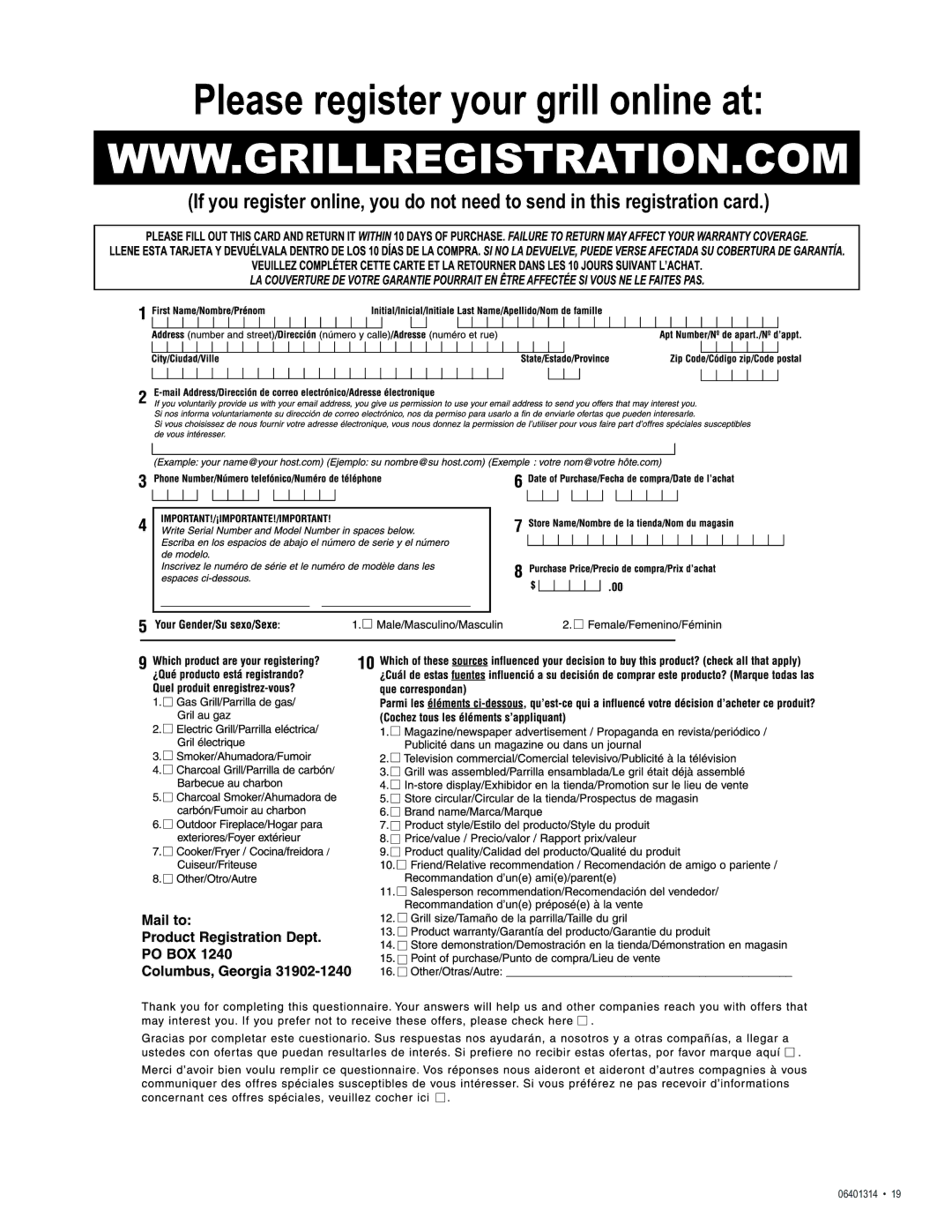 Thermos 06401314 manual Please register your grill online at 