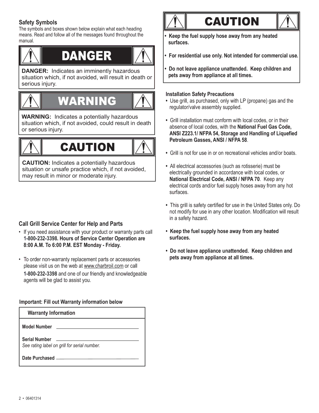 Thermos 06401314 manual Safety Symbols, Call Grill Service Center for Help and Parts 