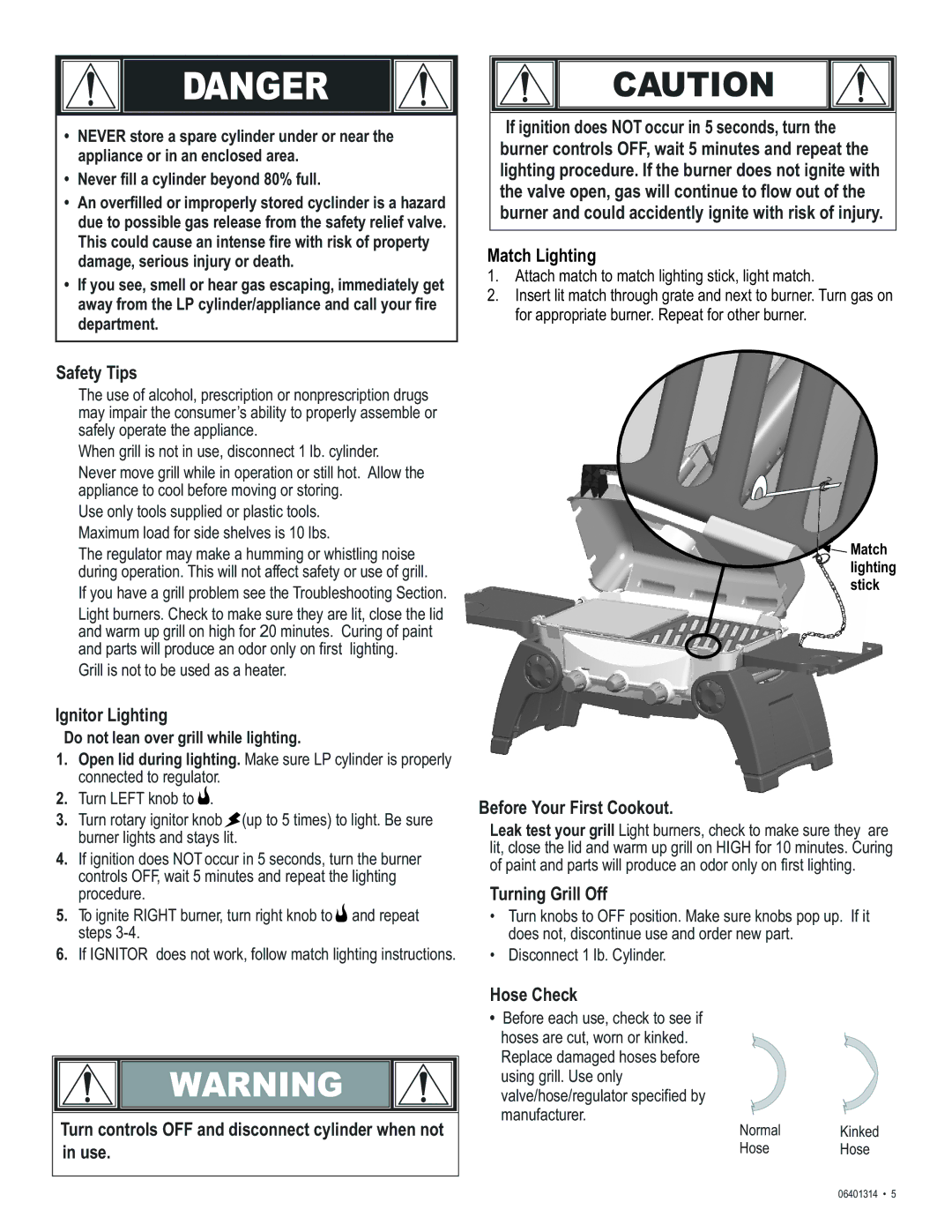 Thermos 06401314 manual Safety Tips, Ignitor Lighting, Before Your First Cookout, Turning Grill Off, Use, Hose Check 