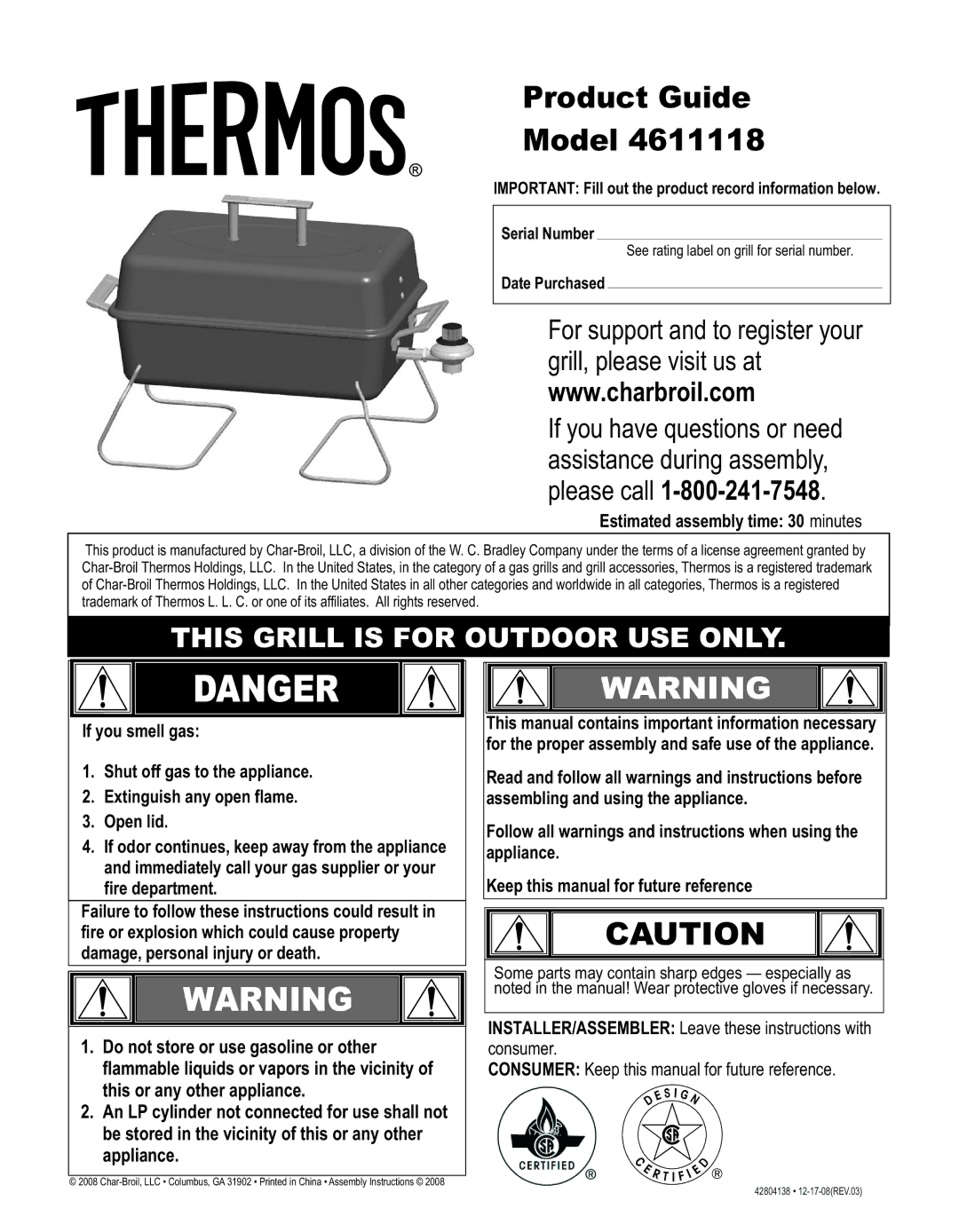 Thermos 4611118 manual Product Guide Model, Estimated assembly time 30 minutes 