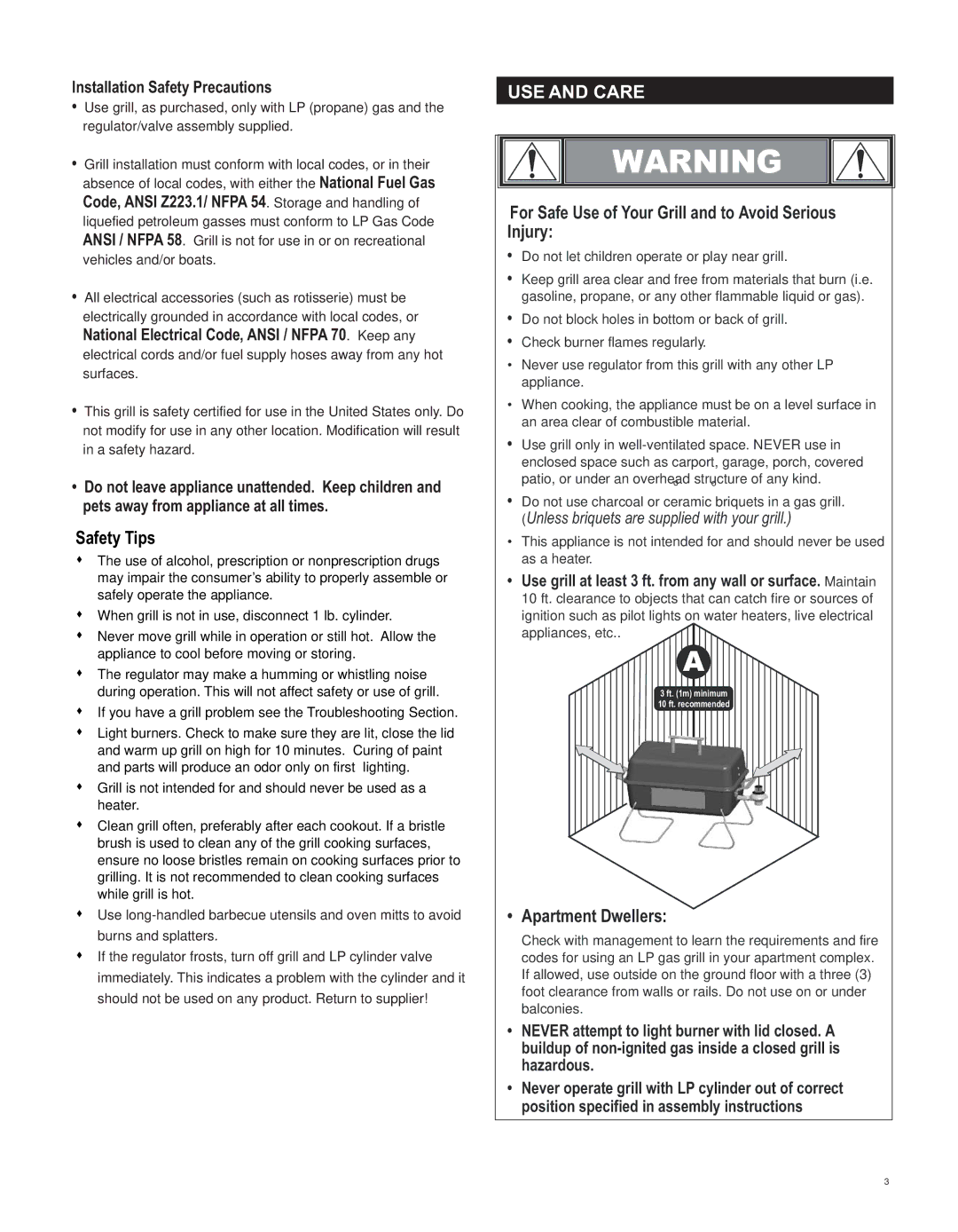 Thermos 4611118 manual Safety Tips, For Safe Use of Your Grill and to Avoid Serious Injury, Apartment Dwellers 