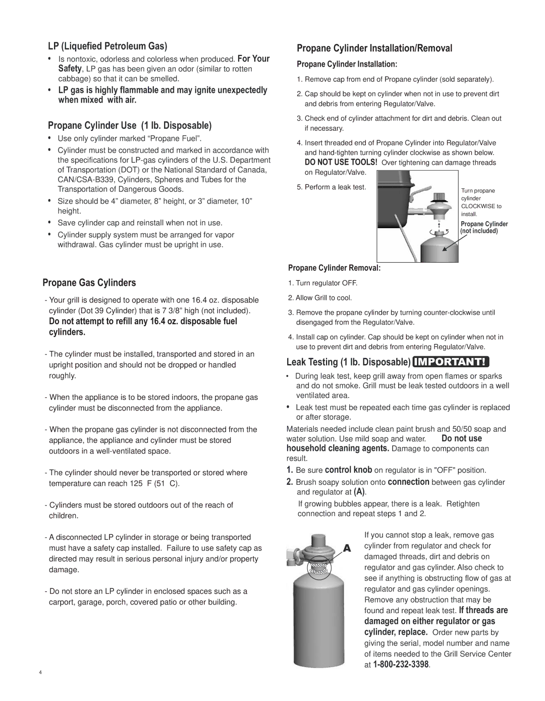 Thermos 4611118 manual LP Liquefied Petroleum Gas, Propane Cylinder Use 1 lb. Disposable, Propane Gas Cylinders 