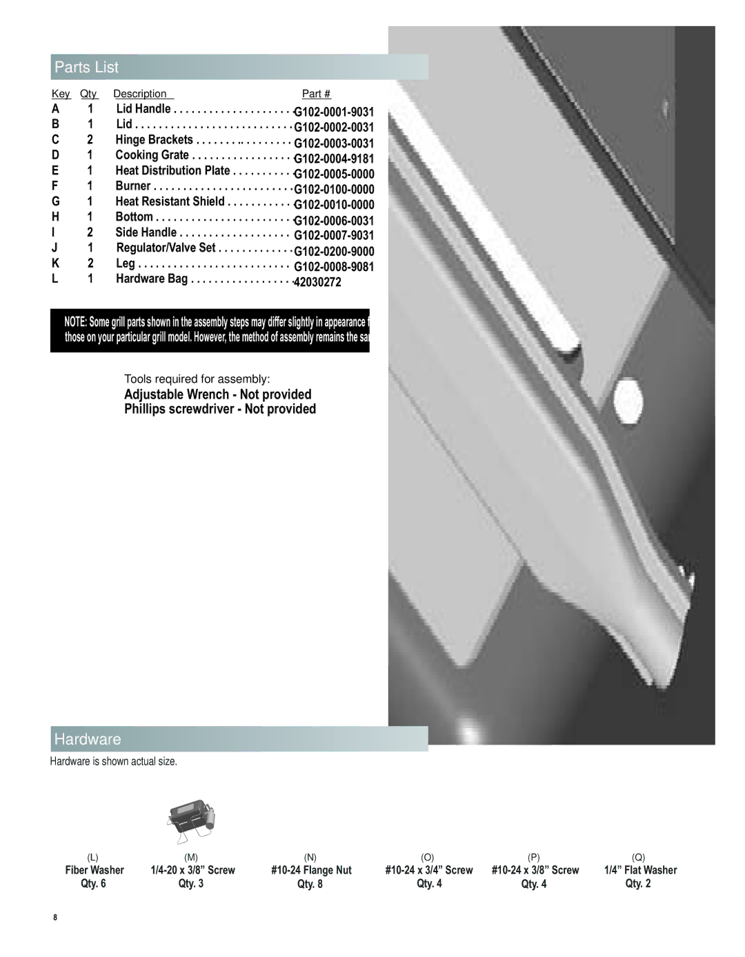 Thermos 4611118 manual Tools required for assembly, Hardware is shown actual size 