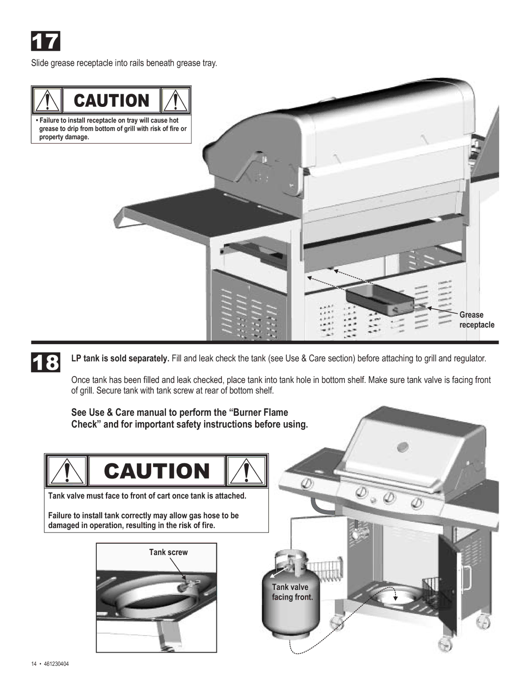 Thermos 461230404 manual Slide grease receptacle into rails beneath grease tray 