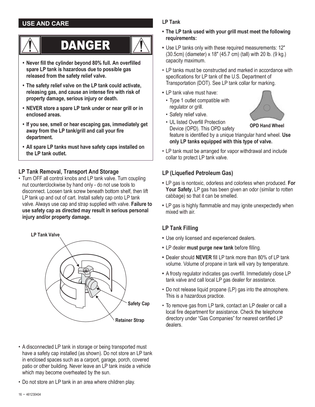 Thermos 461230404 manual LP Tank Removal, Transport And Storage, LP Liquefied Petroleum Gas, LP Tank Filling 