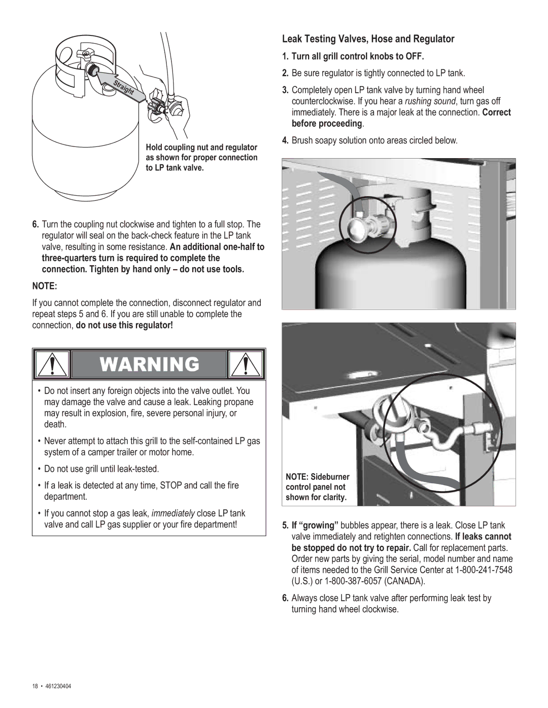 Thermos 461230404 manual Leak Testing Valves, Hose and Regulator, Turn all grill control knobs to OFF 