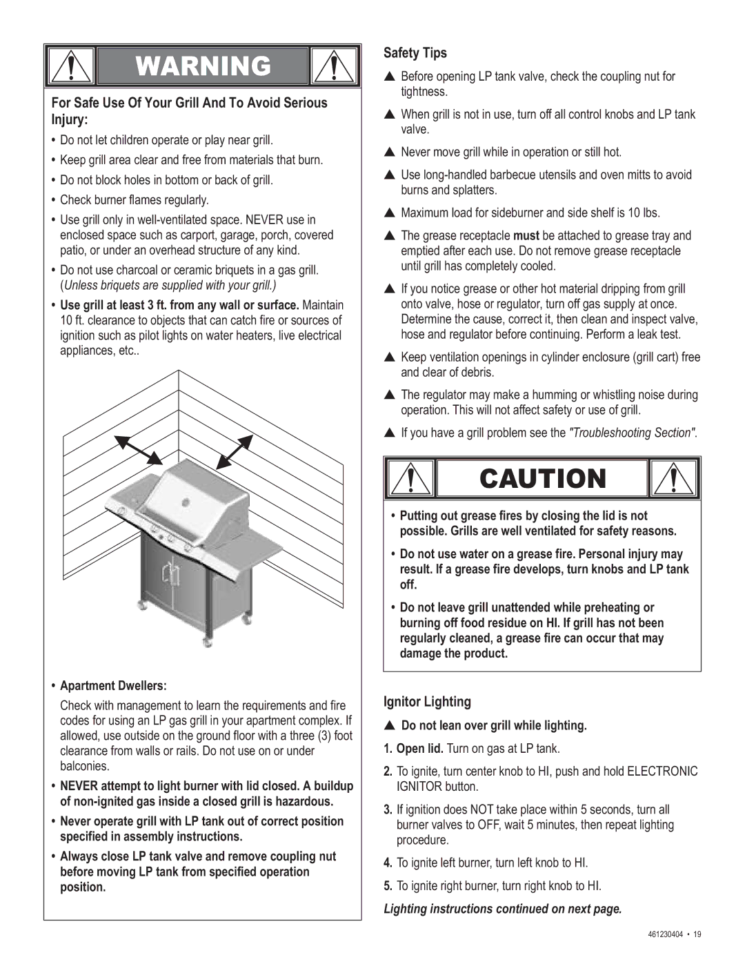 Thermos 461230404 manual For Safe Use Of Your Grill And To Avoid Serious Injury, Safety Tips, Ignitor Lighting 